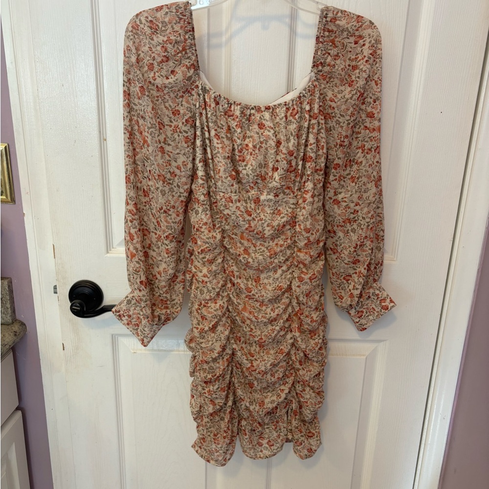 Floral Ruched Long-Sleeve Mini Dress Brown and Red Size XS